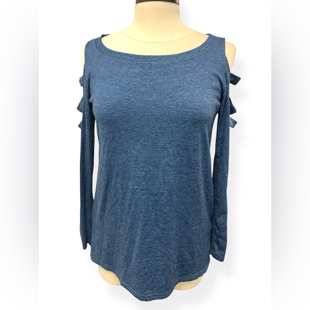 Leo Rossi Women’s Long‎ Sleeve Shirt Blue Cold Shoulder Cut Out Top Size Small